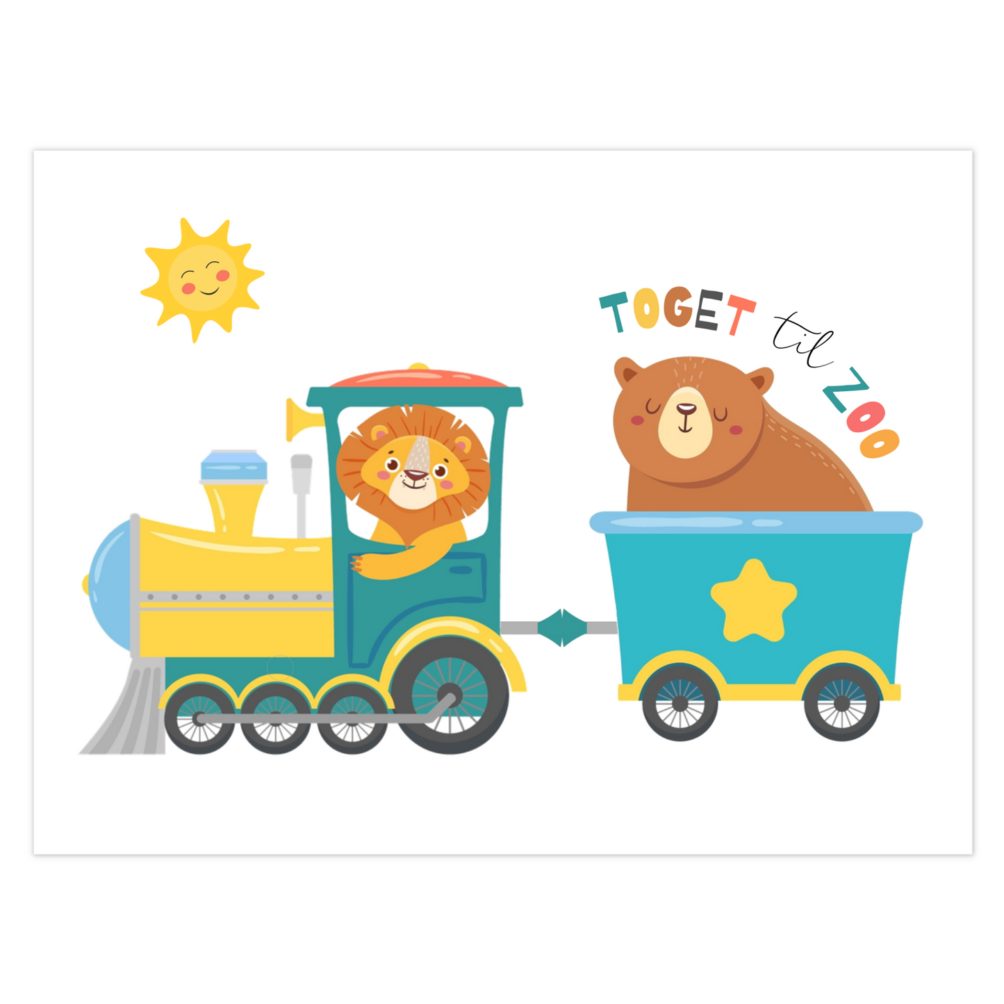 Koselig barnaplakat med løve og bjørn på tur med toget til Zoo.