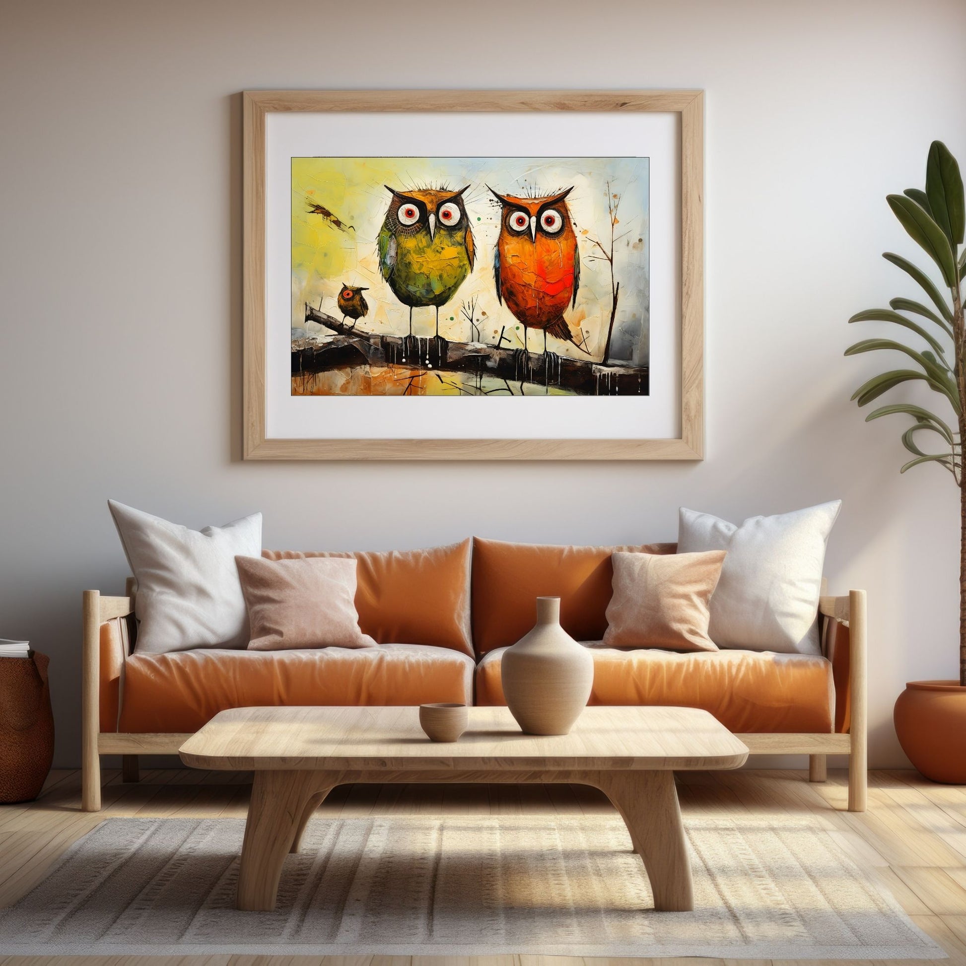 Abstrakt motiv av to fargerike ugler som sitter på en gren. Illustrasjonsbildet viser motivet som plakat med passepartout i en eikeramme, som henger på en vegg over sofa.