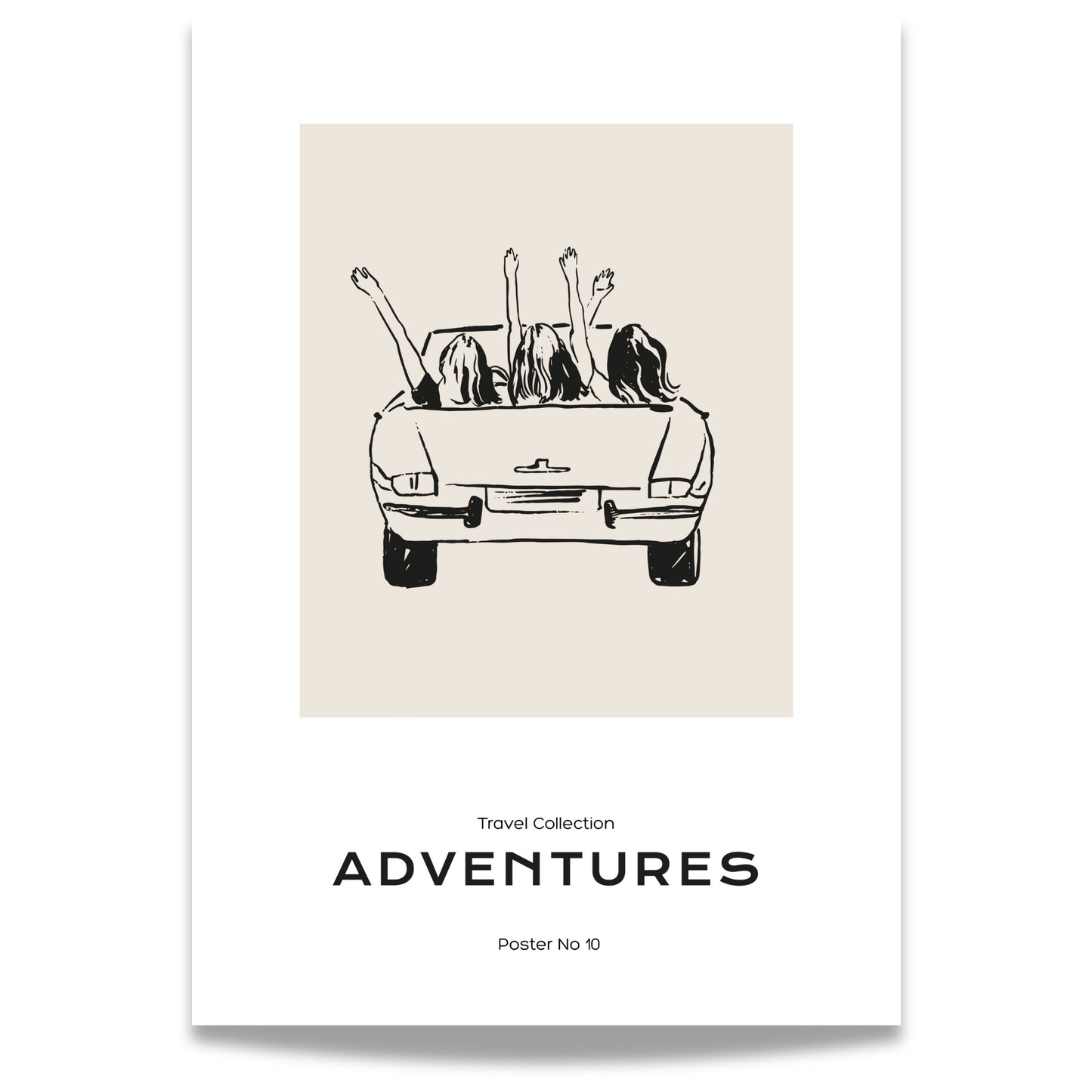 TRAVEL COLLECTION No10 – grafisk plakat fanger gleden ved en biltur med venner.