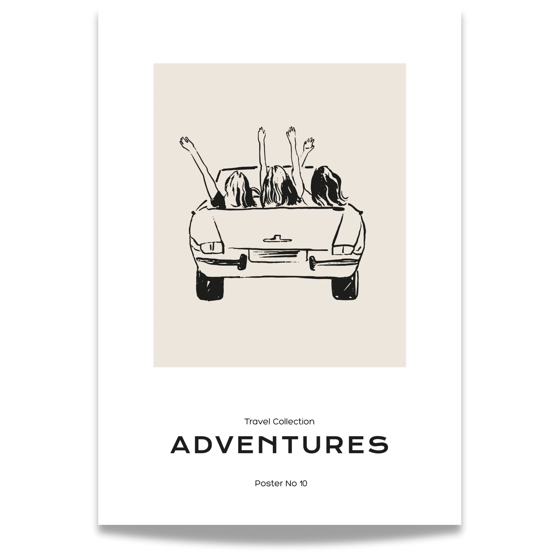 TRAVEL COLLECTION No10 – grafisk plakat fanger gleden ved en biltur med venner.