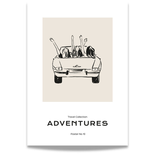 TRAVEL COLLECTION No10 – grafisk plakat fanger gleden ved en biltur med venner.