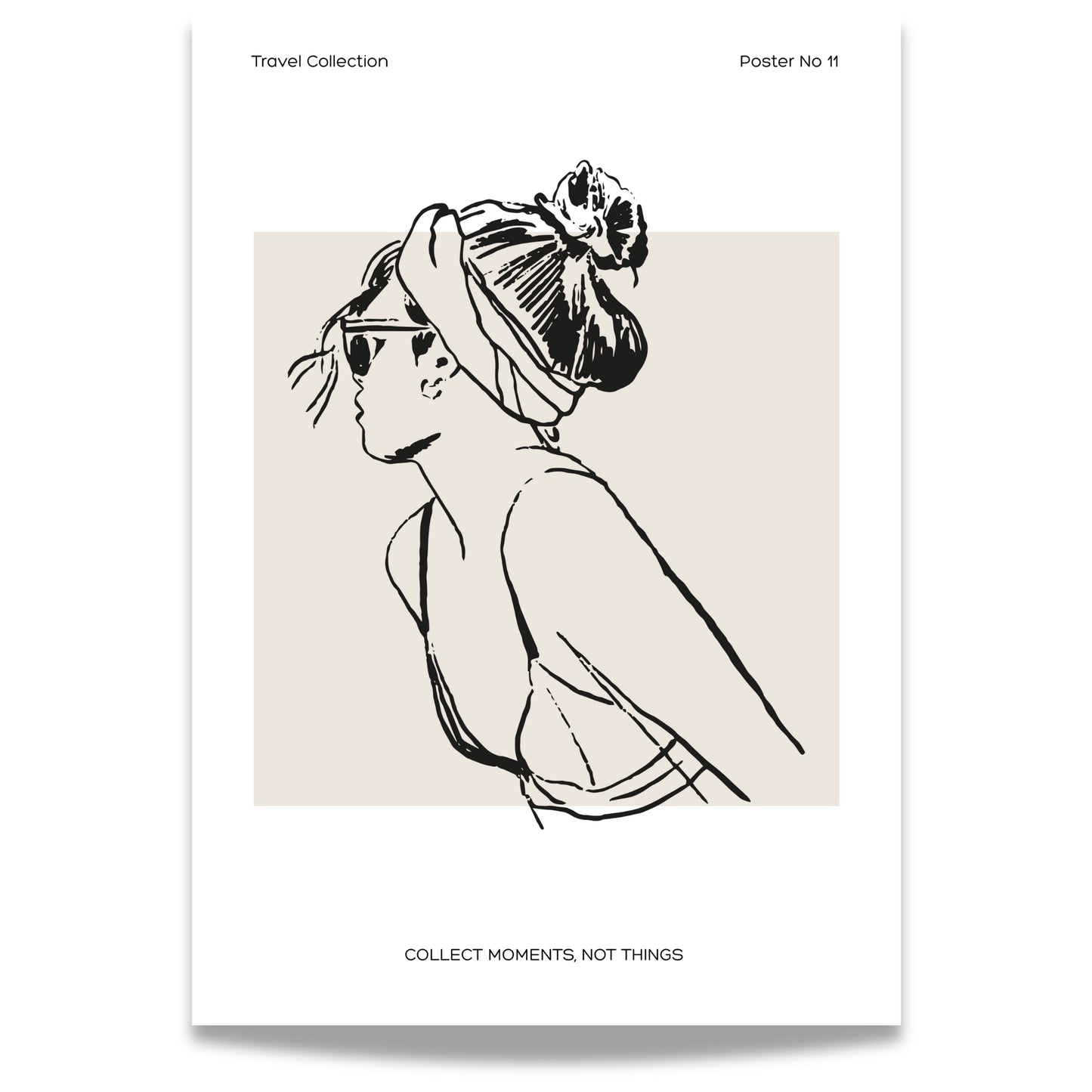 TRAVEL COLLECTION No11 – grafisk plakat viser en kvinne med solbriller og hår surret i sjal, vendt mot solen.