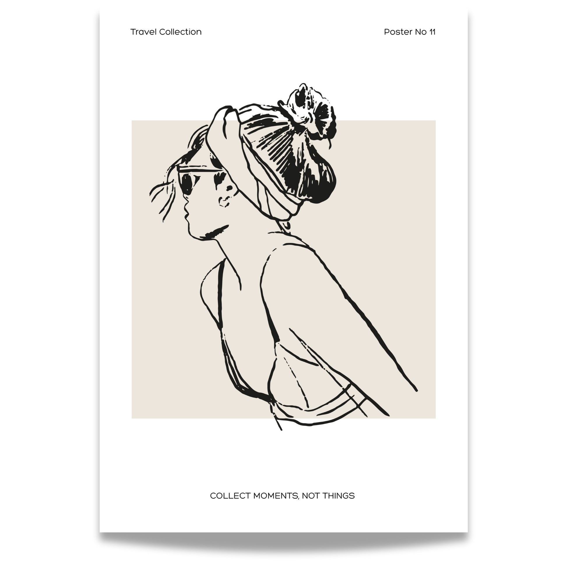TRAVEL COLLECTION No11 – grafisk plakat viser en kvinne med solbriller og hår surret i sjal, vendt mot solen.