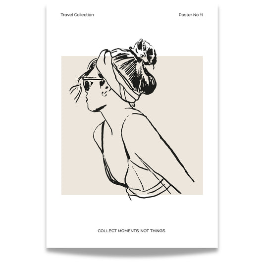 TRAVEL COLLECTION No11 – grafisk plakat viser en kvinne med solbriller og hår surret i sjal, vendt mot solen.