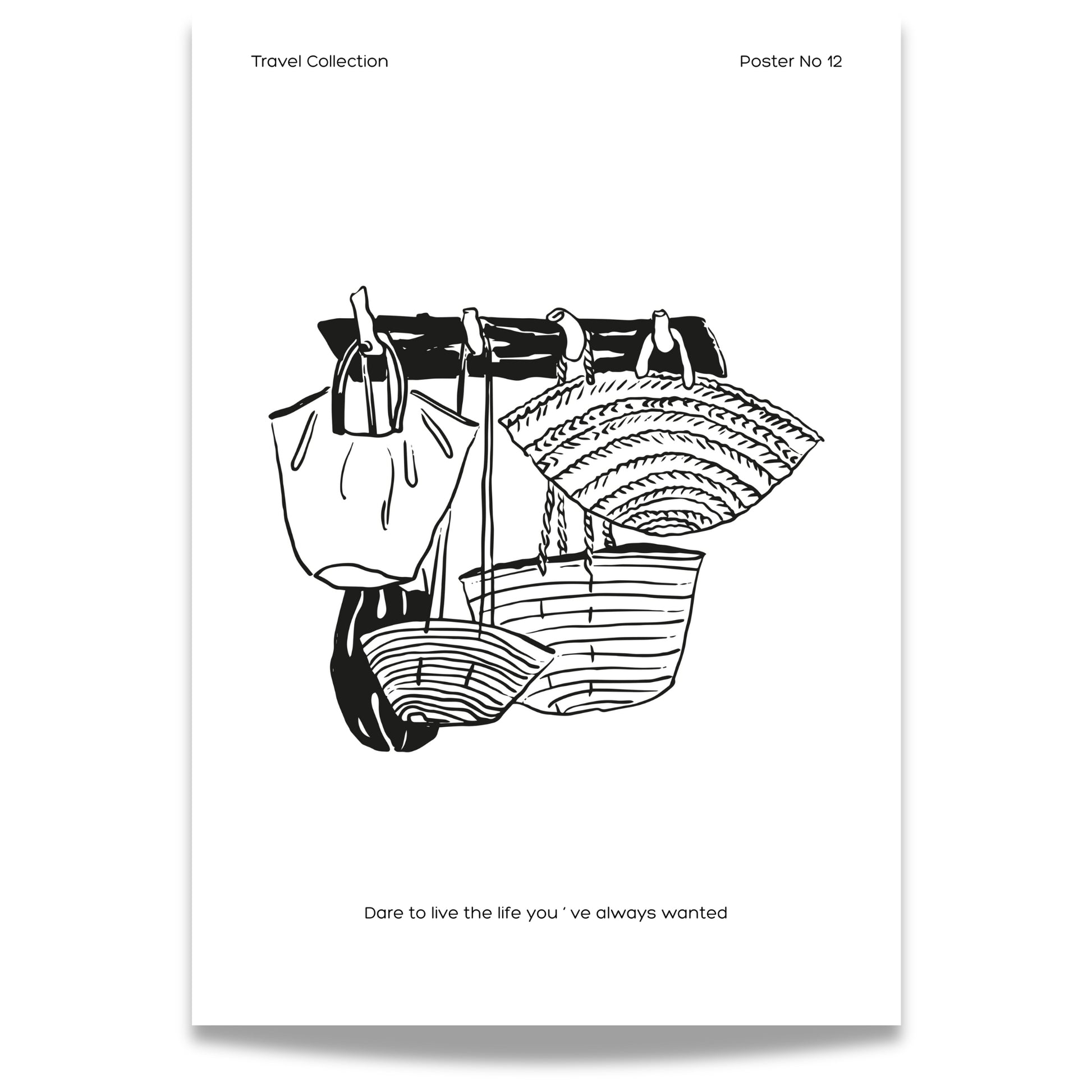 TRAVEL COLLECTION No12 – grafisk plakat viser tre stråvesker som henger på en krok.