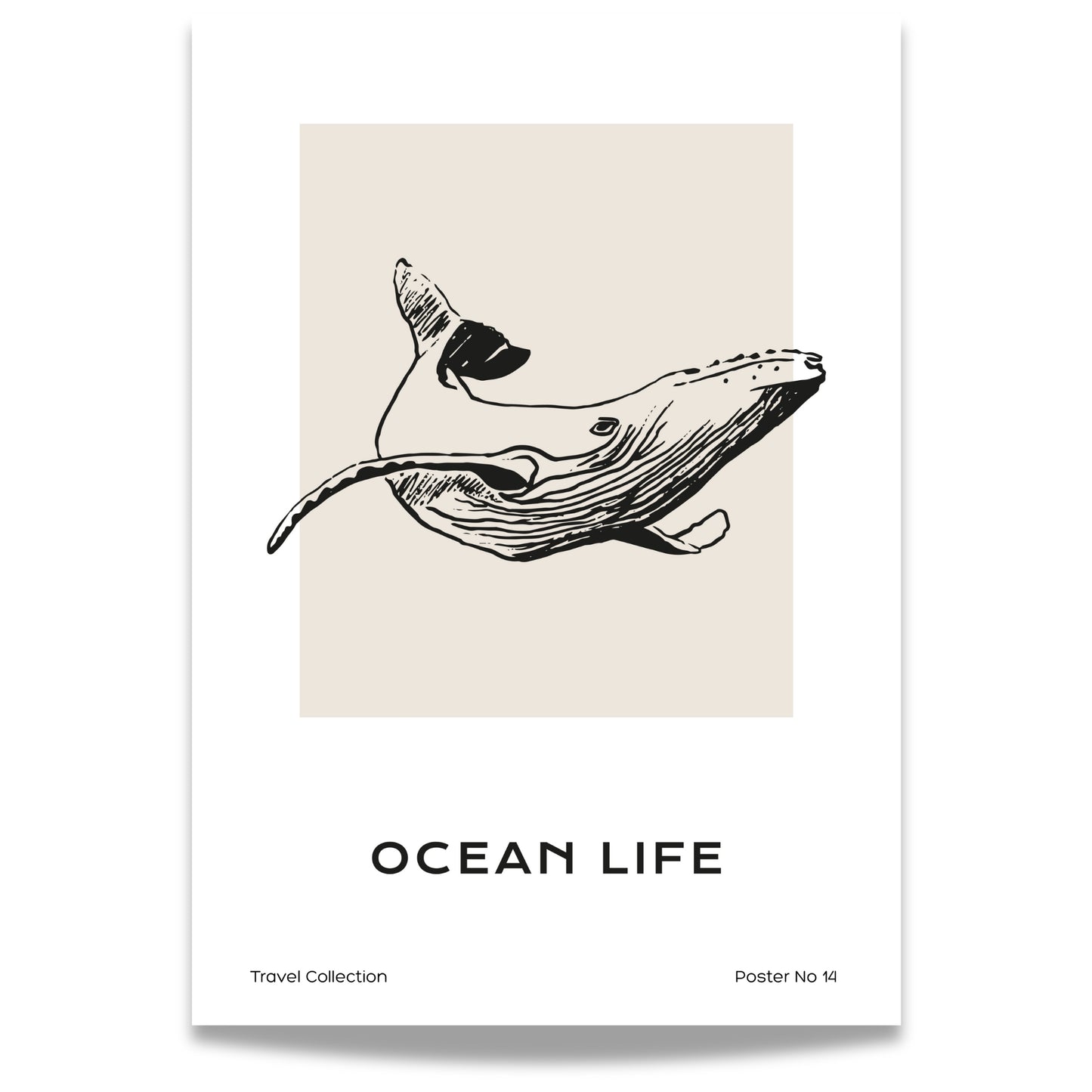 TRAVEL COLLECTION No14 – grafisk plakat viser en elegant illustrasjon av en hval i bevegelse.