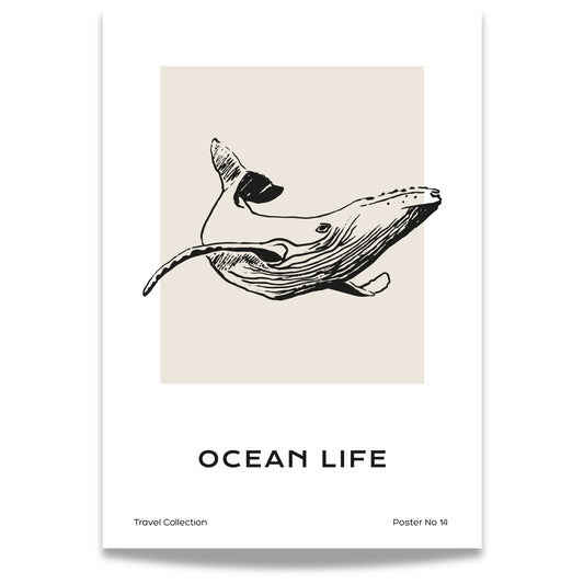 TRAVEL COLLECTION No14 – grafisk plakat viser en elegant illustrasjon av en hval i bevegelse.