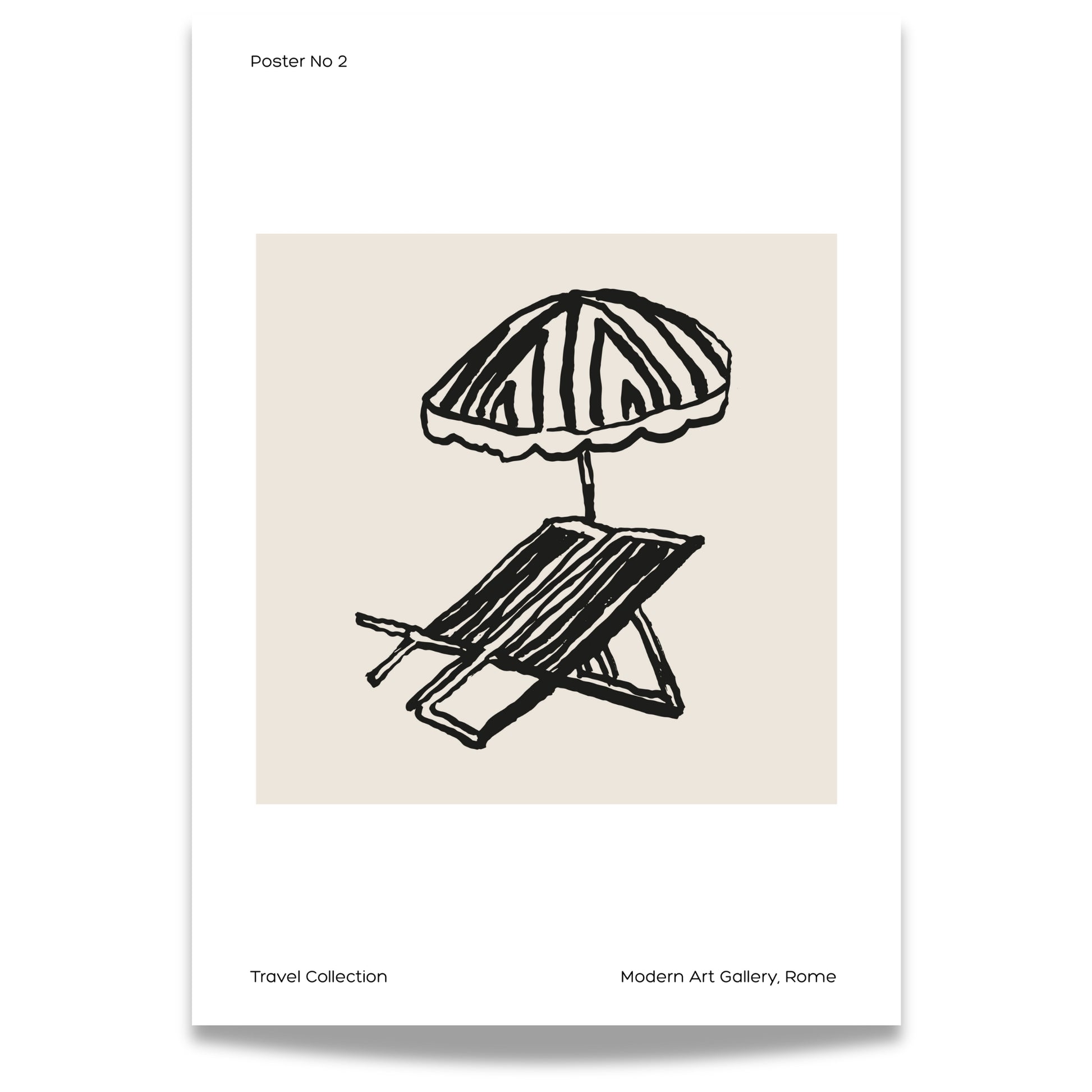 TRAVEL COLLECTION No2 – grafisk plakat viser en klassisk strandstol under en stripete parasoll.