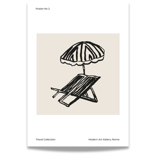 TRAVEL COLLECTION No2 – grafisk plakat viser en klassisk strandstol under en stripete parasoll.