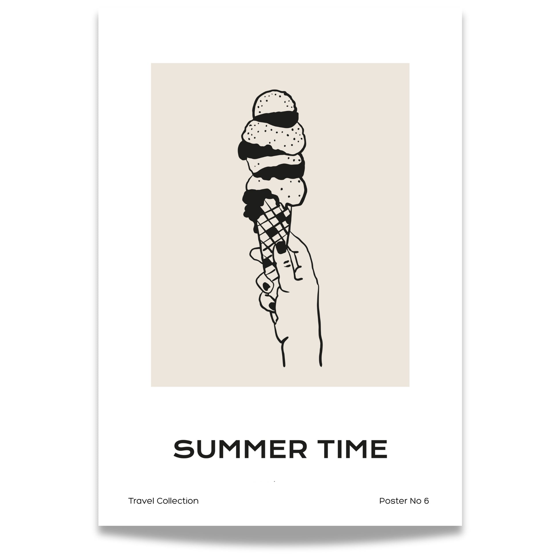 TRAVEL COLLECTION No6 – grafisk plakat sprer ekte sommerglede med et håndtegnet motiv av en iskrem i vaffelkjeks.