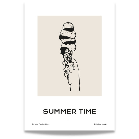 TRAVEL COLLECTION No6 – grafisk plakat sprer ekte sommerglede med et håndtegnet motiv av en iskrem i vaffelkjeks.