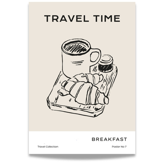 TRAVEL COLLECTION No7 – grafisk plakat fanger essensen av en klassisk feriefrokost: kaffe, croissanter og syltetøy.