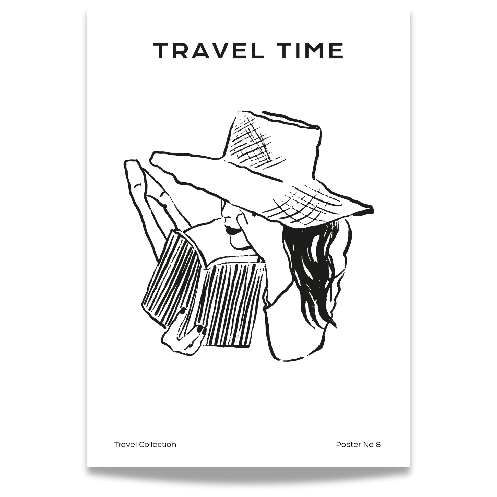 TRAVEL COLLECTION No8 – grafisk plakat viser en kvinne med solhatt som leser.