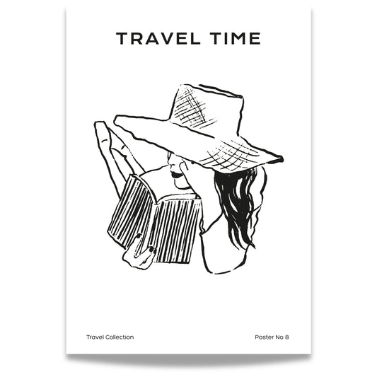 TRAVEL COLLECTION No8 – grafisk plakat viser en kvinne med solhatt som leser.