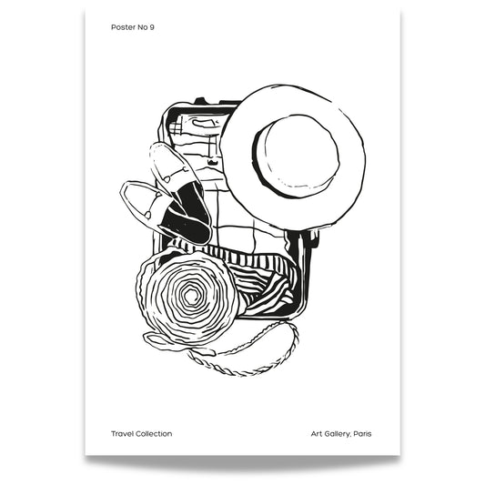 TRAVEL COLLECTION No9 – grafisk plakat viser en åpen koffert med solhatt, sko og strandhåndkle.