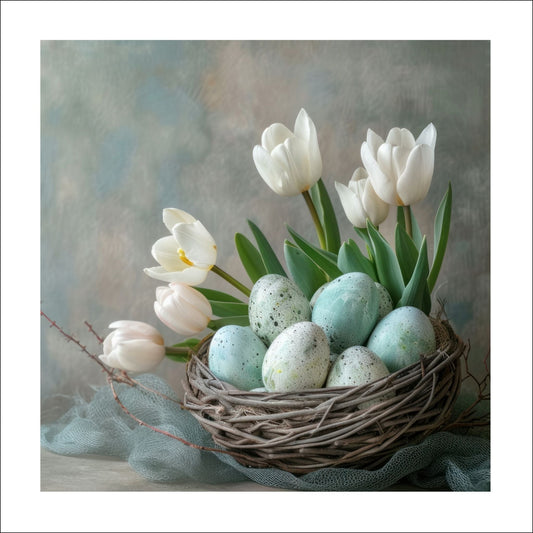 Grafisk illustrasjon som viser hvite tulipaner og lyseblå og hvite påskeegg som ligger vakkert plassert i et rede av kvister. 