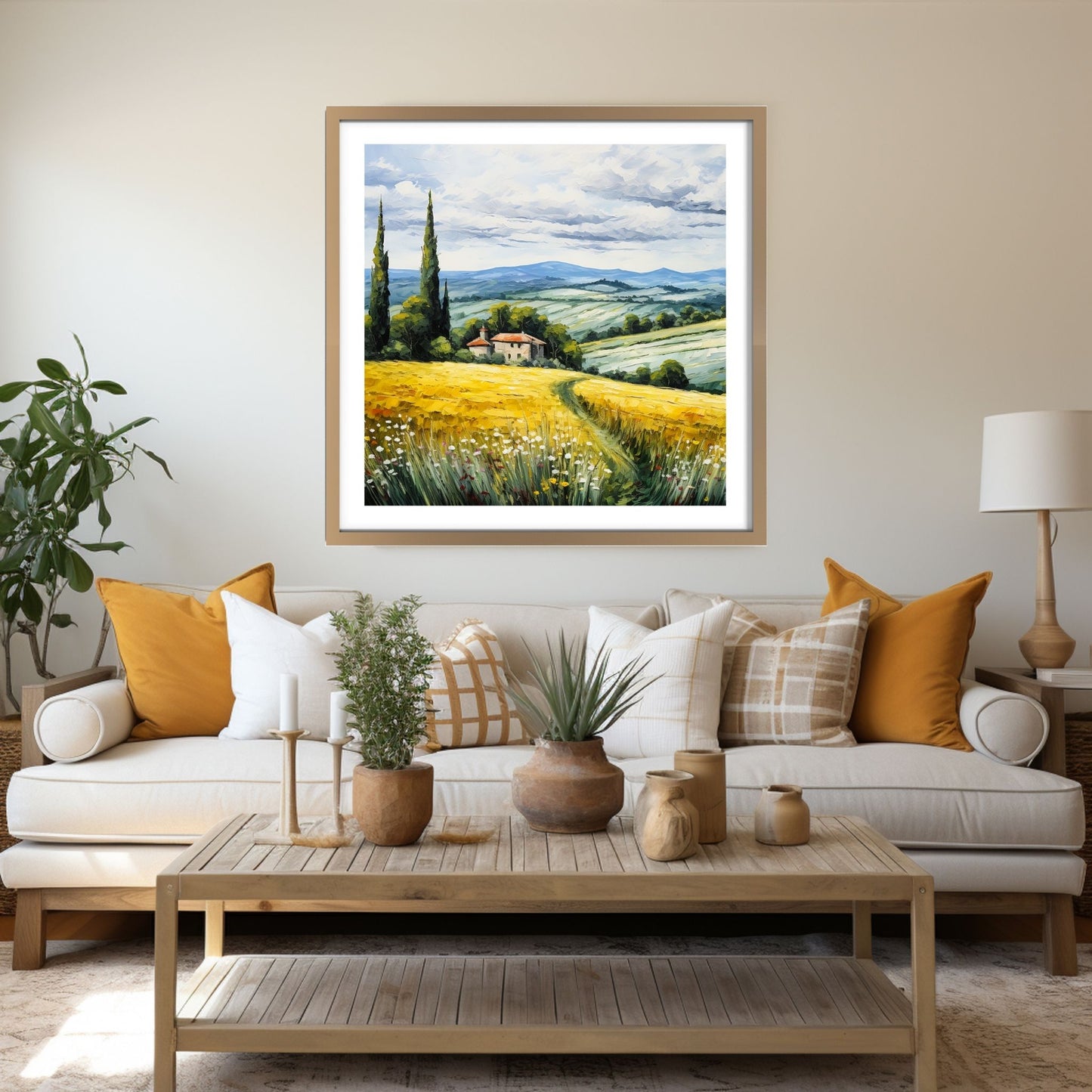 Nydelig grafisk maleri av Toskansk landskap med sine karakteristiske cypresser og bølgende åser. På en åskam ligger det en vingård  Motivet fås som plakat og på lerret. Illustrasjonen viser at motivet henger på en vegg over en sofa i en eikeramme.