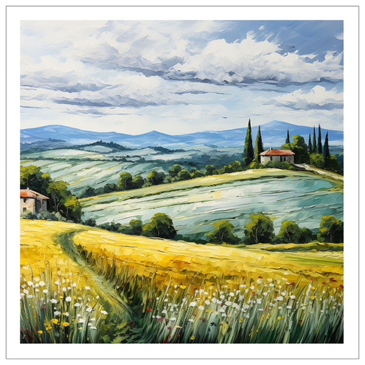 Nydelig grafisk maleri av Toskansk landskap med sine karakteristiske cypresser og bølgende åser. På en åskam ligger det en vingård  Motivet fås som plakat og på lerret.
