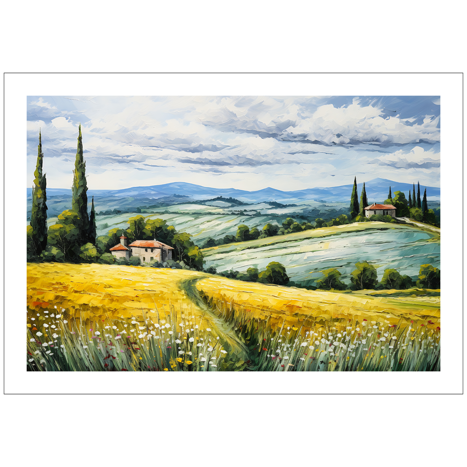 Nydelig grafisk maleri av Toskansk landskap med sine karakteristiske cypresser og bølgende åser. På hver sin åskam ligger det to gårder.  Motivet fås som plakat og på lerret.