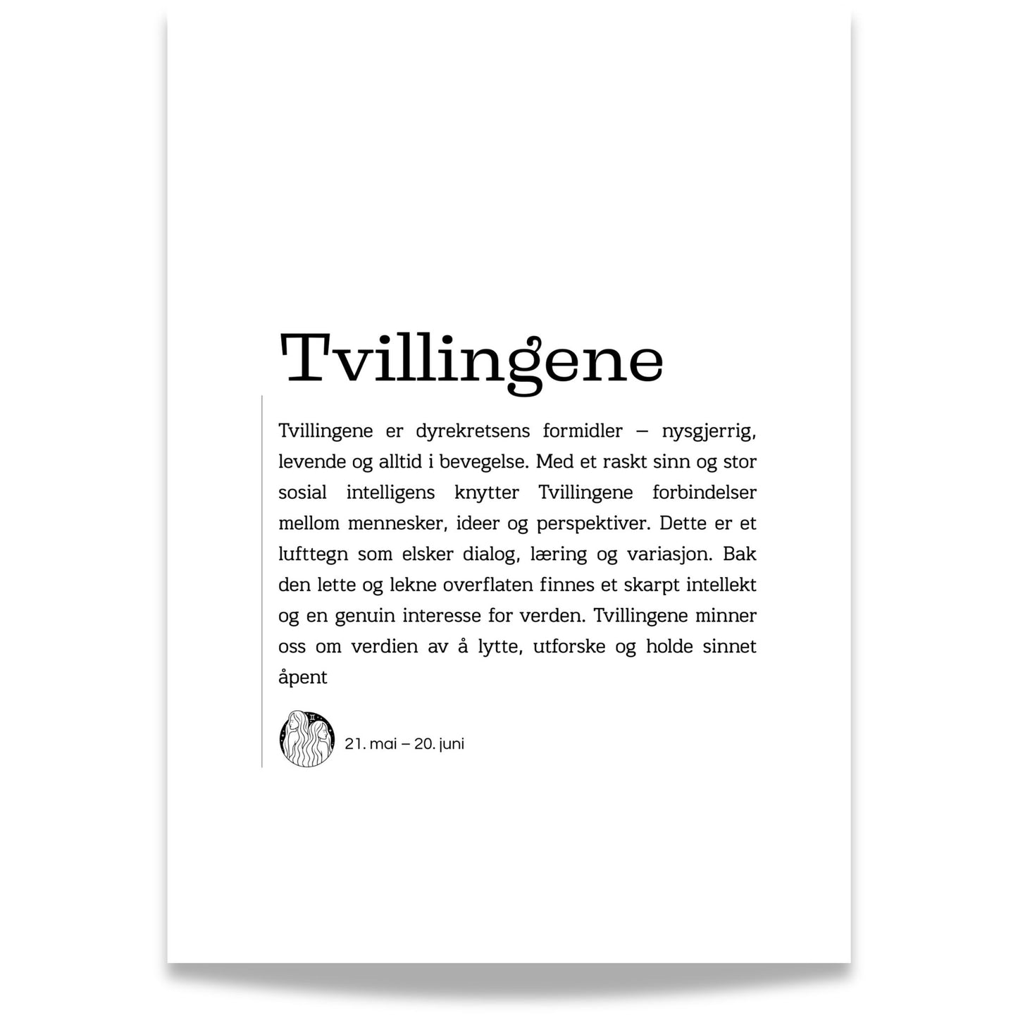 Minimalistisk stjernetegnplakat for Tvillingene med typografisk tekst og rolig, nordisk uttrykk