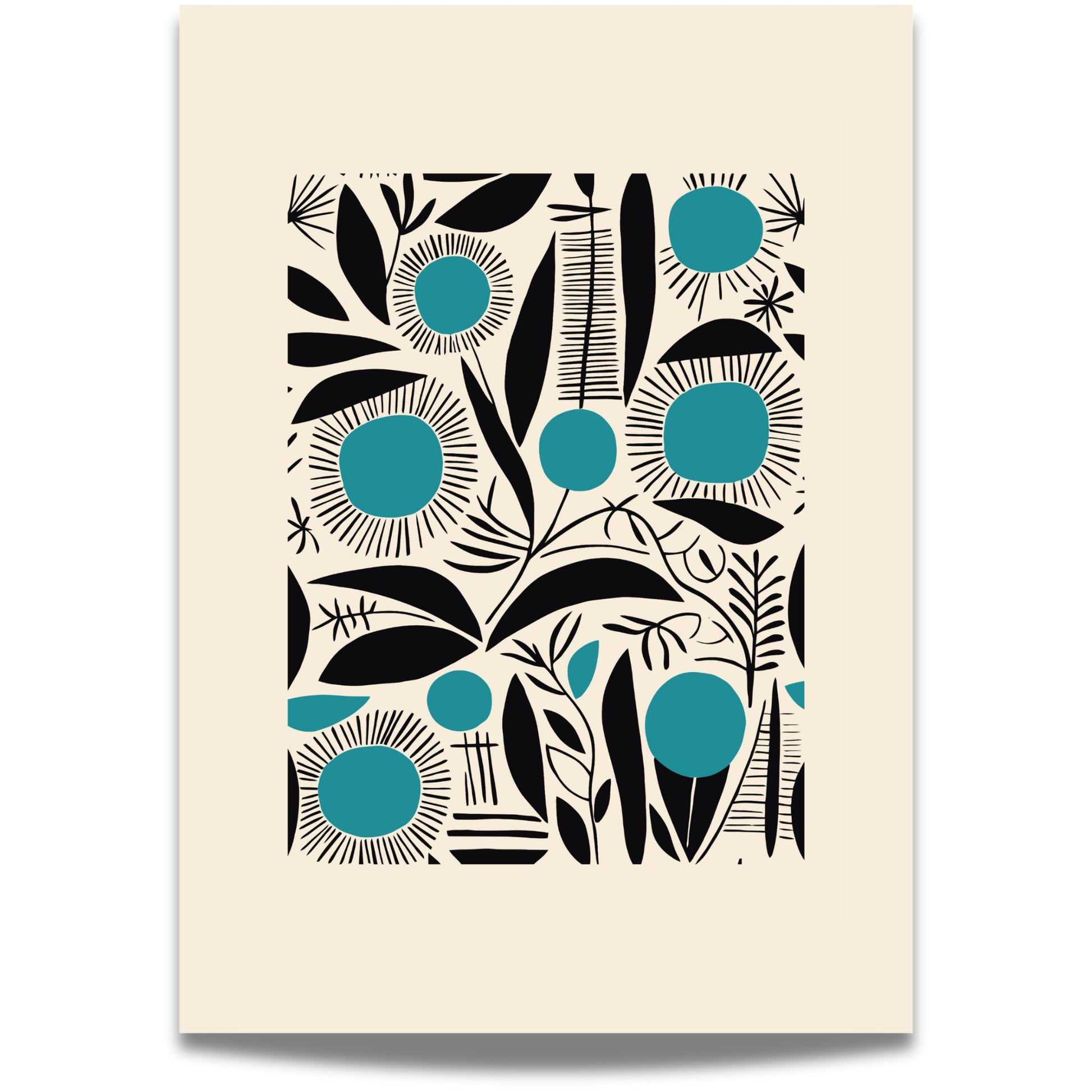 Teal Garden er en dristig og dekorativ plakat med grafiske blomster og planter i sort og blågrønn. Illustrasjon viser plakat med bred kant.