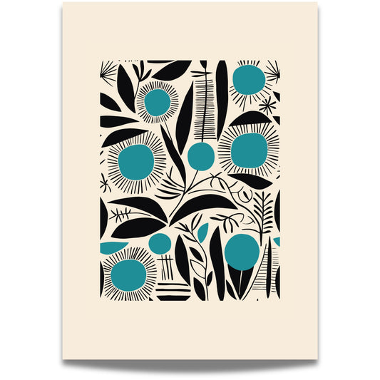Teal Garden er en dristig og dekorativ plakat med grafiske blomster og planter i sort og blågrønn. Illustrasjon viser plakat med bred kant.
