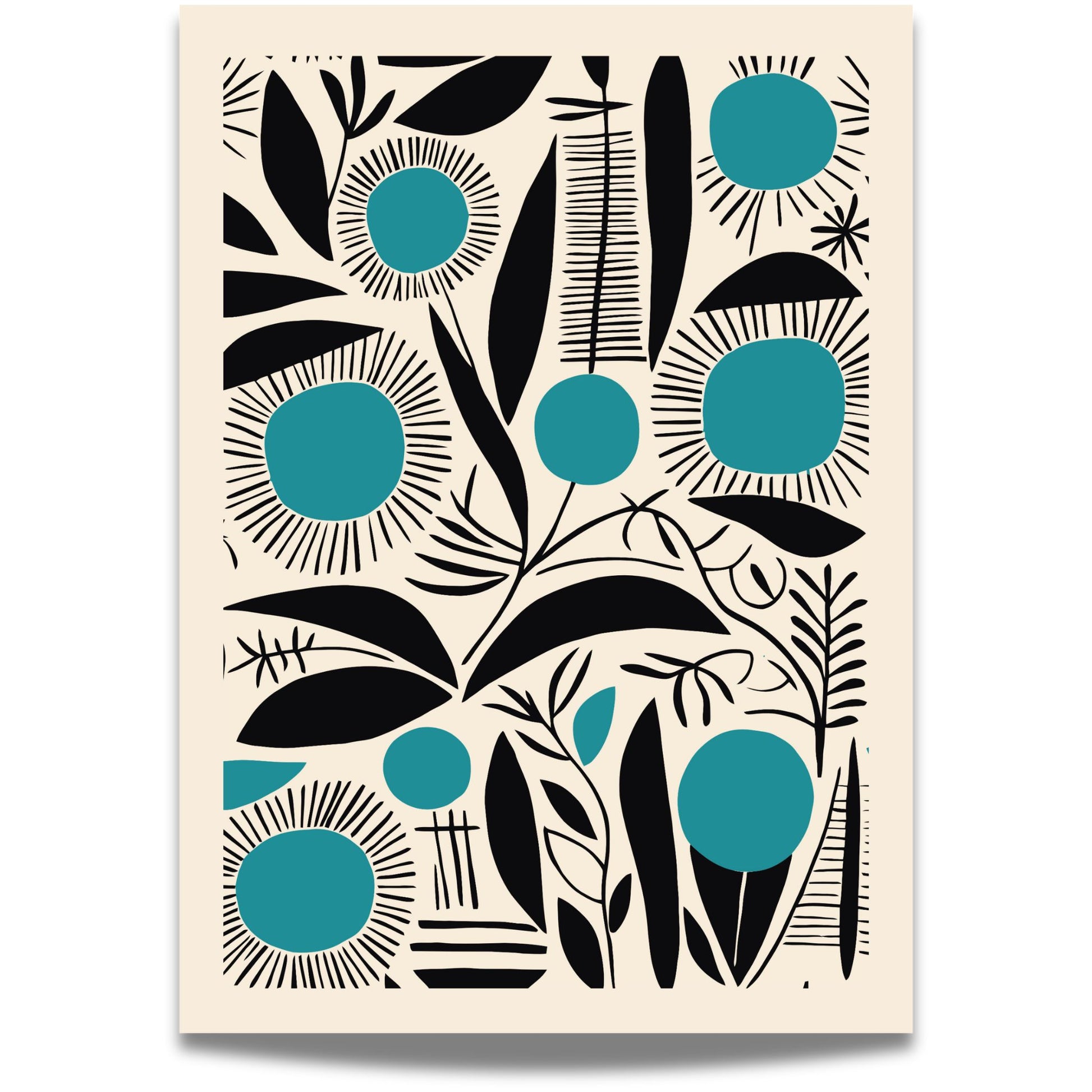 Teal Garden er en dristig og dekorativ plakat med grafiske blomster og planter i sort og blågrønn. Illustrasjon viser plakat med smal kant.