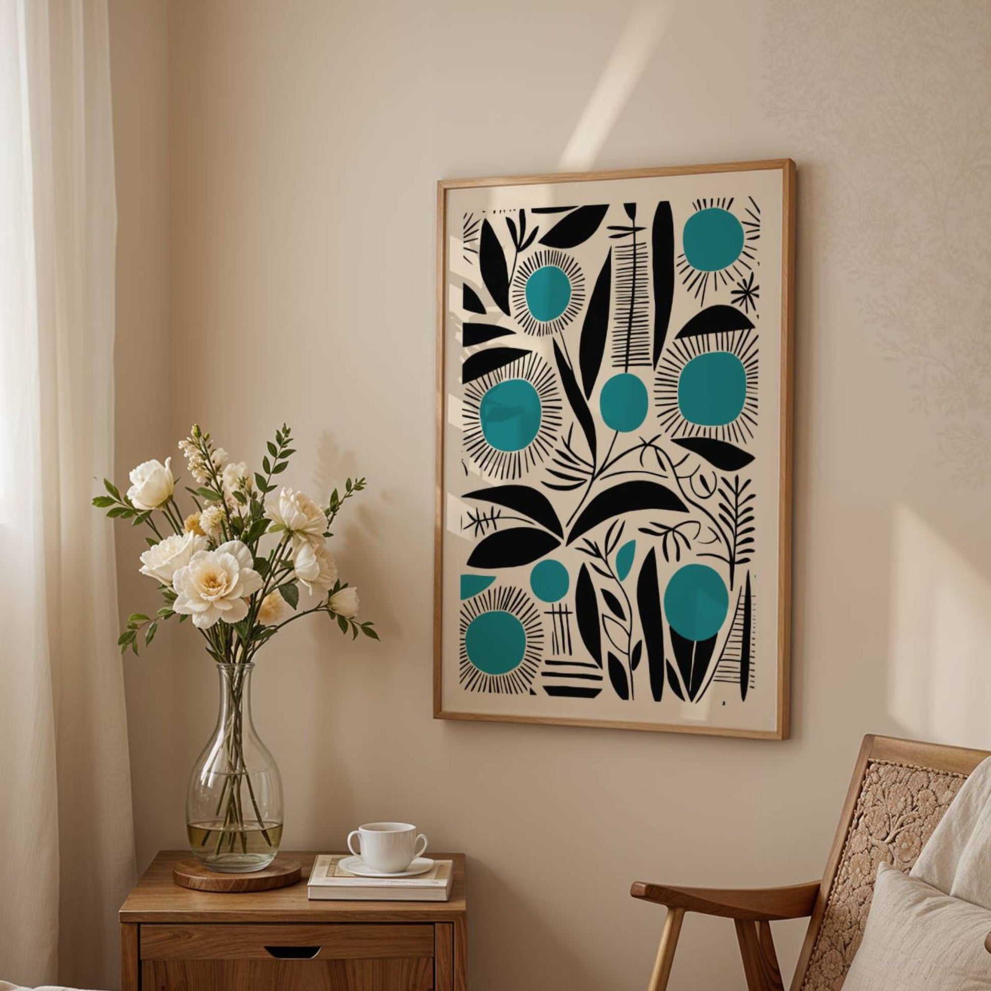 Teal Garden er en dristig og dekorativ plakat med grafiske blomster og planter i sort og blågrønn. Illustrasjon viser plakat med smal kant i eik ramme.