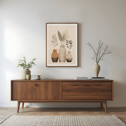 Terra Botanica, en moderne plakat inspirert av skandinavisk minimalisme og naturlige elementer. Illustrasjon viser motivet som plakat i brun ramme.