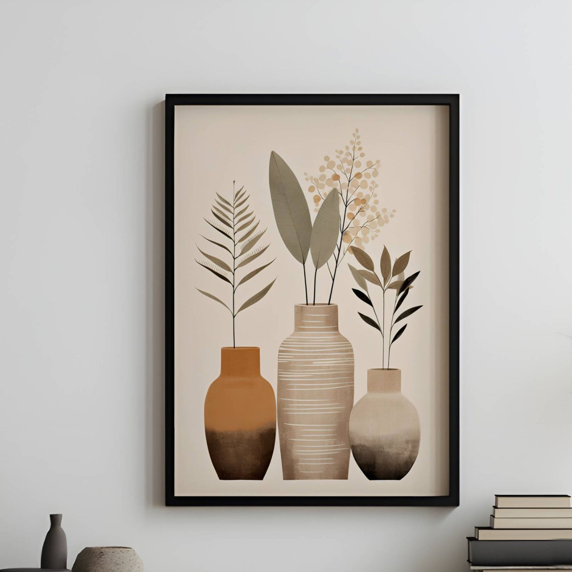 Terra Botanica, en moderne plakat inspirert av skandinavisk minimalisme og naturlige elementer. Illustrasjon viser motivet som plakat i sort ramme.
