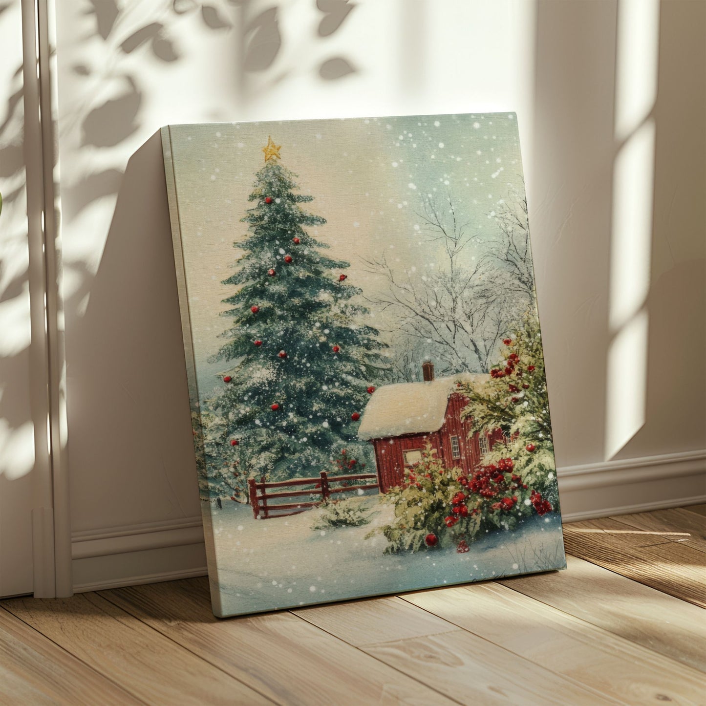 Et varmt og nostalgisk julemotiv med et lite rødt hus og et pyntet juletre under stjernehimmel. Illustrasjon viser motivet på lerret.