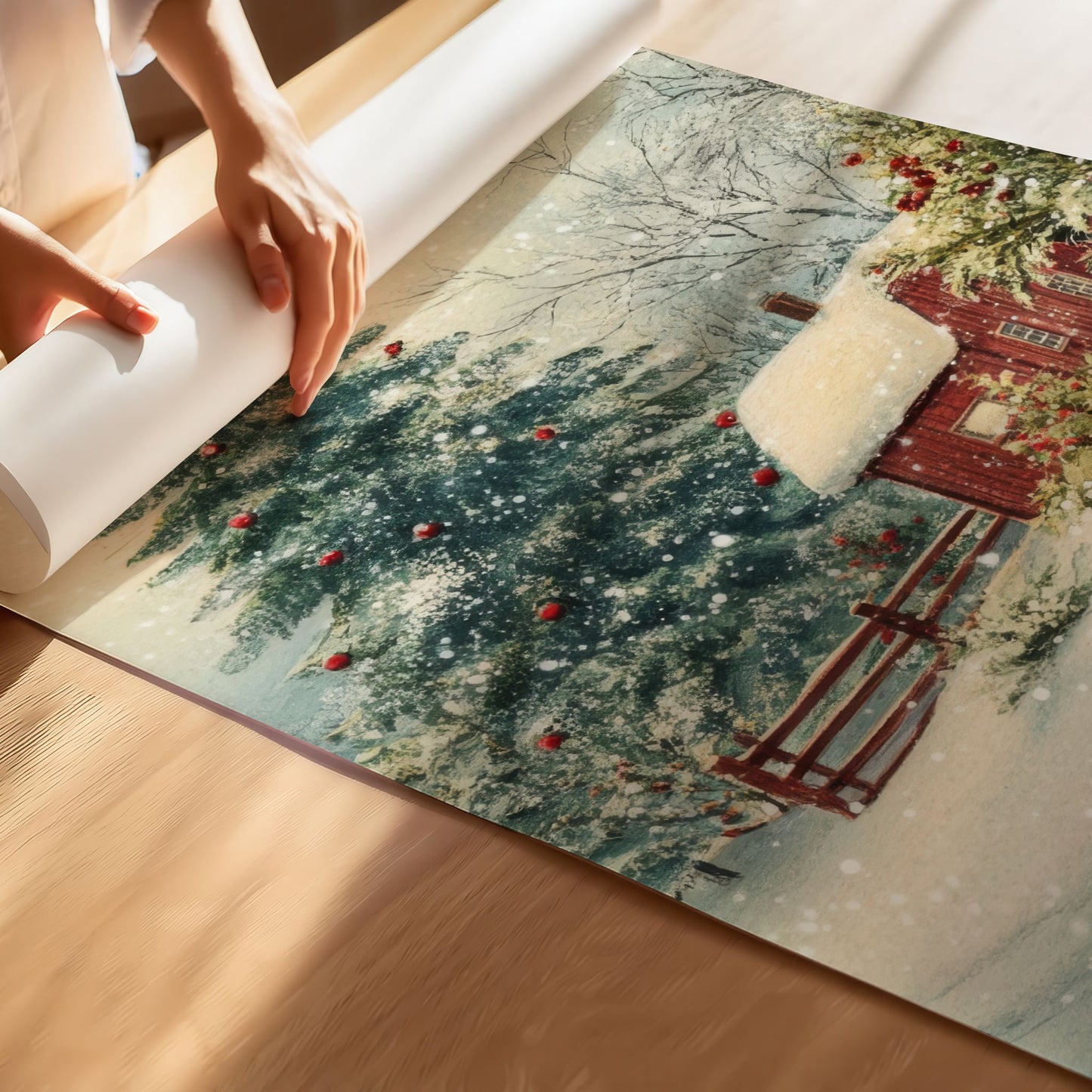 Et varmt og nostalgisk julemotiv med et lite rødt hus og et pyntet juletre under stjernehimmel. Illustrasjon viser motivet på print.