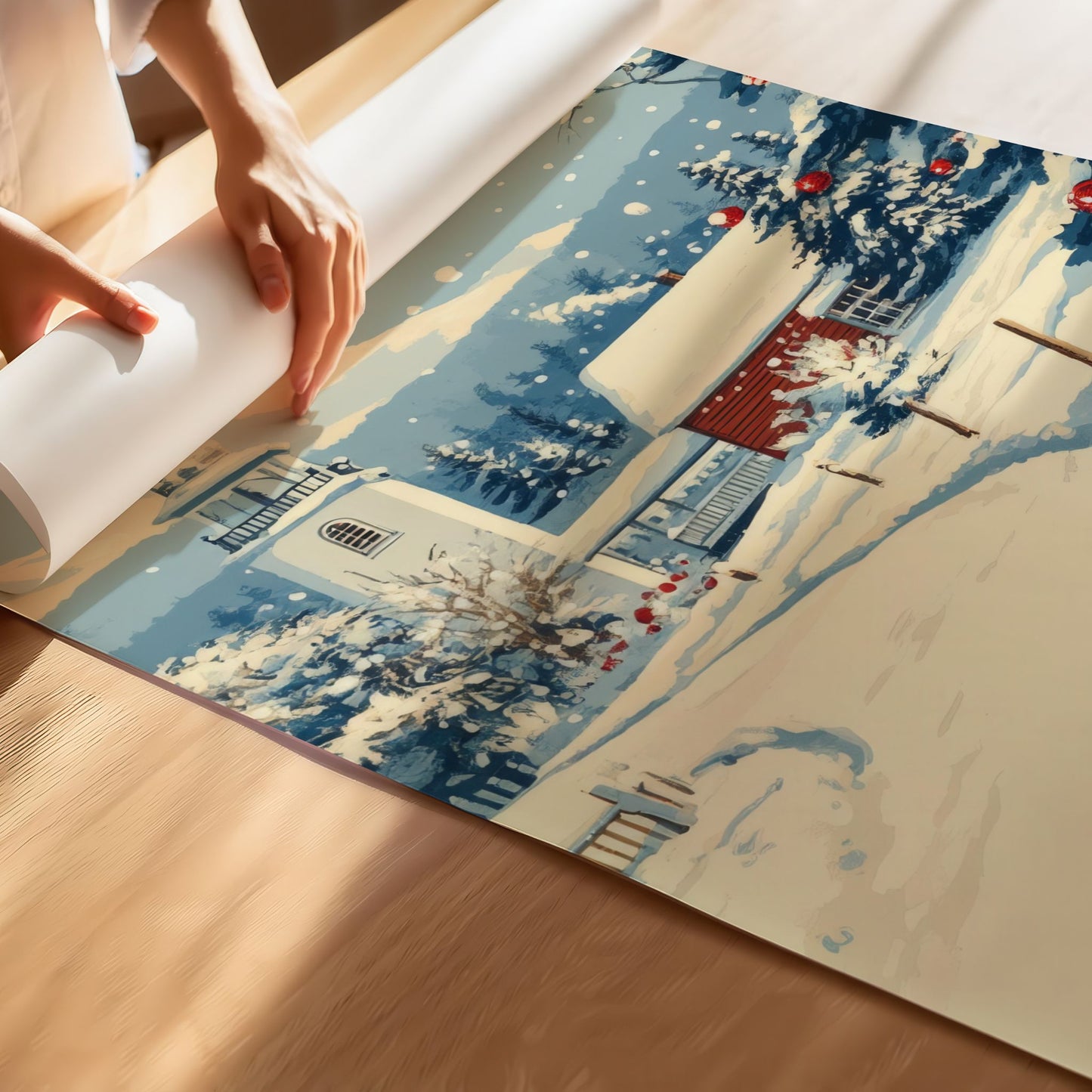 Et vakkert og rolig vintermotiv med en gammel kirke badet i mykt snølys. Illustrasjonen viser motivet på print.