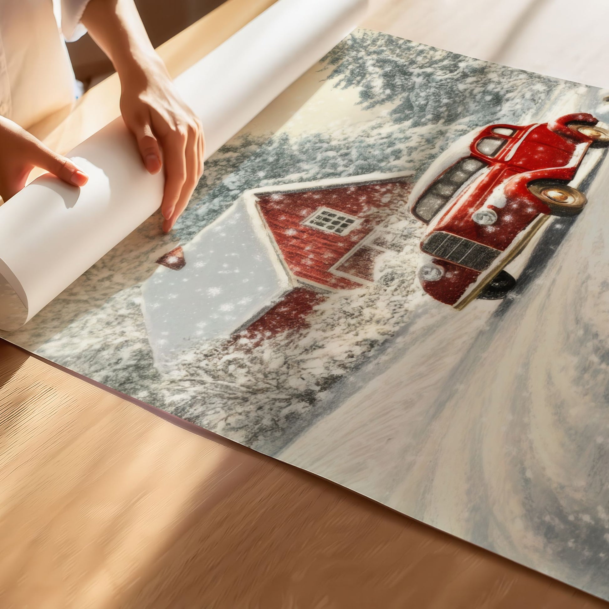 Et nostalgisk julemotiv som fanger essensen av vinteridyll på sitt vakreste. Den klassiske røde bilen står parkert foran små røde hus, mens snøen daler stille og mykt. Illustrasjonen viser plakat uten hvit kantlinjepå print.