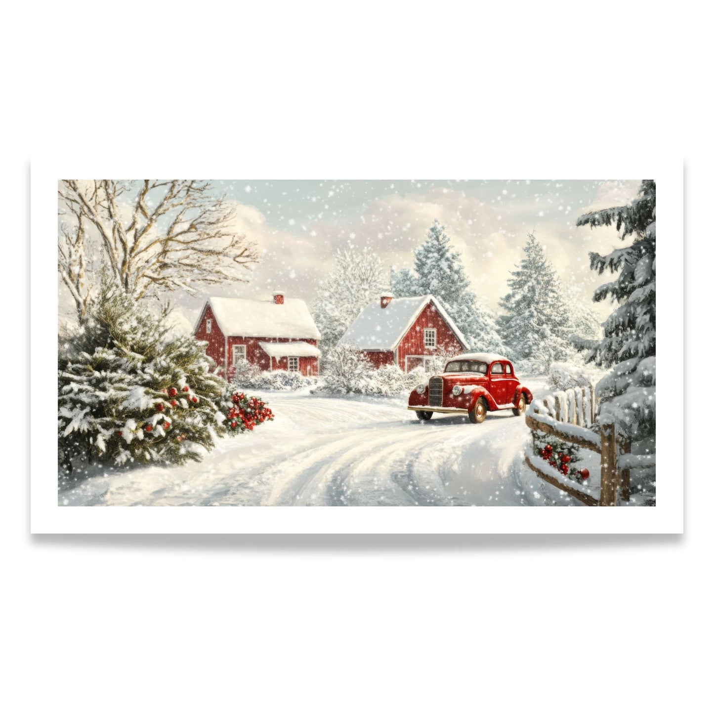 Et nostalgisk julemotiv som fanger essensen av vinteridyll på sitt vakreste. Den klassiske røde bilen står parkert foran små røde hus, mens snøen daler stille og mykt. 