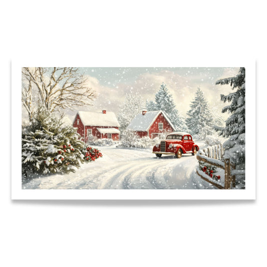 Et nostalgisk julemotiv som fanger essensen av vinteridyll på sitt vakreste. Den klassiske røde bilen står parkert foran små røde hus, mens snøen daler stille og mykt. 