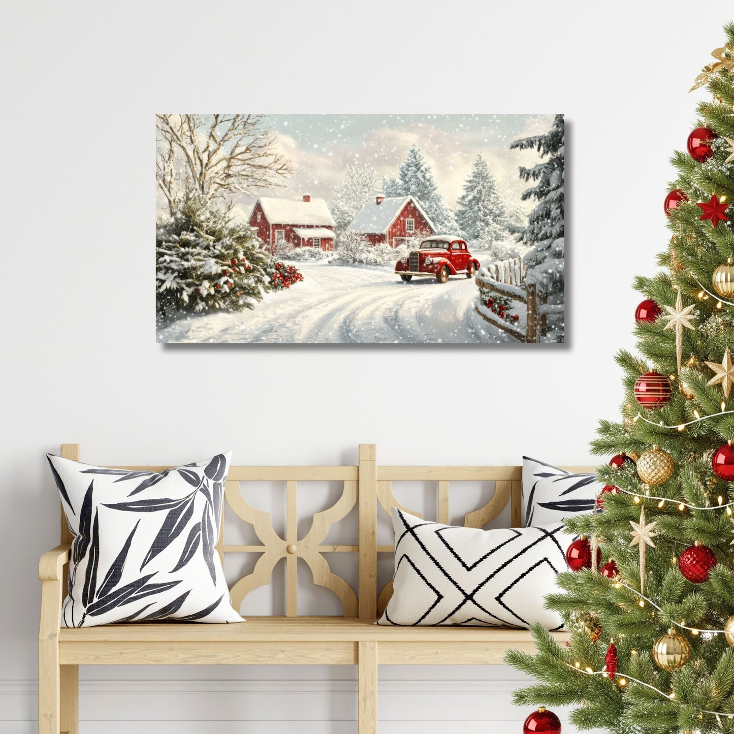Et nostalgisk julemotiv som fanger essensen av vinteridyll på sitt vakreste. Den klassiske røde bilen står parkert foran små røde hus, mens snøen daler stille og mykt. Illustrasjonen viser motivet på lerret.