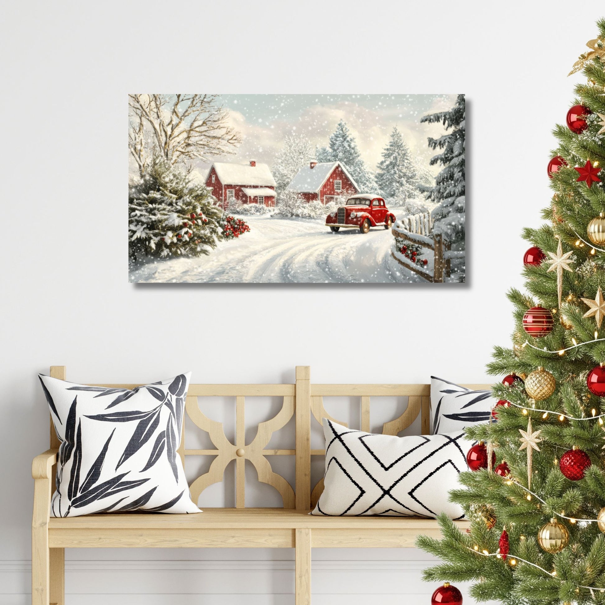 Et nostalgisk julemotiv som fanger essensen av vinteridyll på sitt vakreste. Den klassiske røde bilen står parkert foran små røde hus, mens snøen daler stille og mykt. Illustrasjonen viser motivet på lerret.