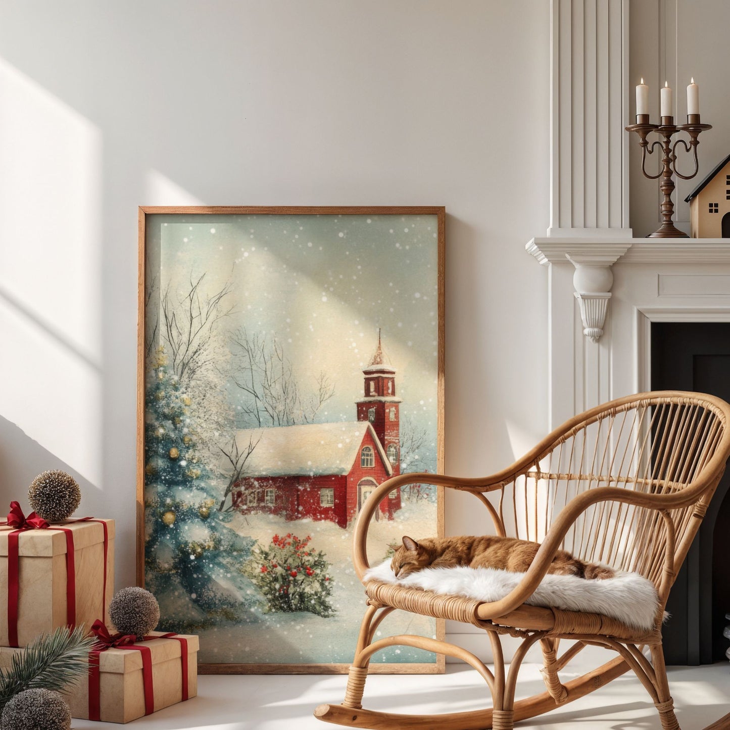 Et vakkert og harmonisk vintermotiv med den røde landsbykirken badet i dempet dagslys. Illustrasjonen viser motivet som plakat uten hvit kantlinje i eik ramme.