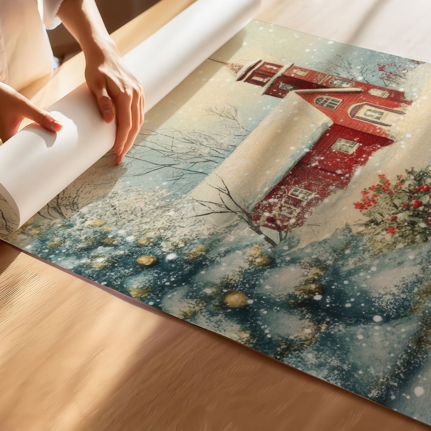 Et vakkert og harmonisk vintermotiv med den røde landsbykirken badet i dempet dagslys. Illustrasjonen viser motivet som plakat på print.