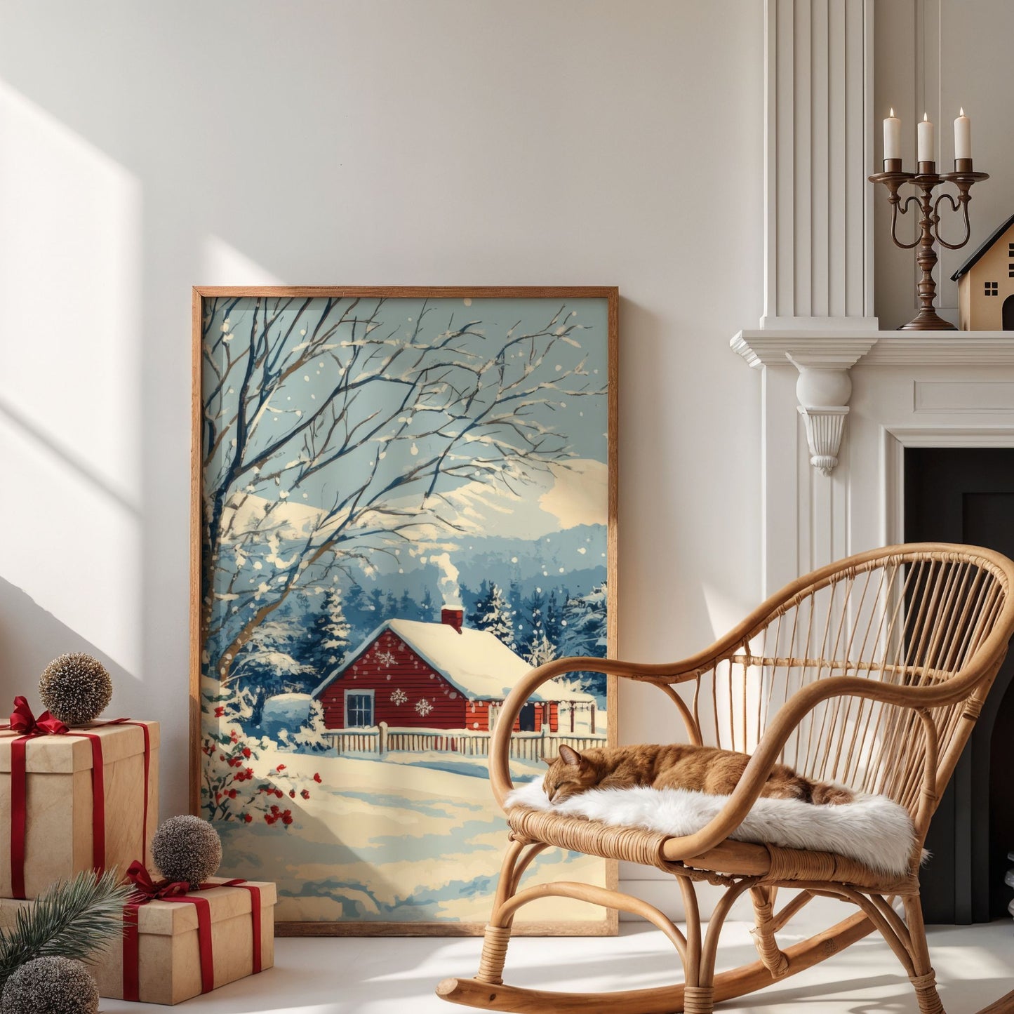 Et vakkert vintermotiv med et rødt hus omgitt av snødekte trær og fjell i bakgrunnen. Illustrasjonen viser motivet uten hvit kantlinje i eik ramme.