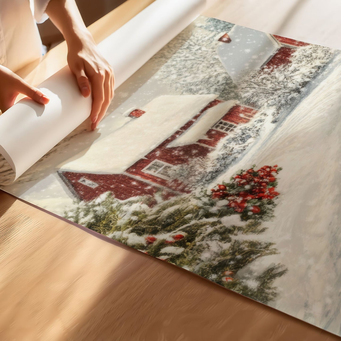 Et vakkert utsnitt fra det klassiske vintermotivet med de røde husene og snøen som daler stille ned. Illustrasjonen viser motivet på print.