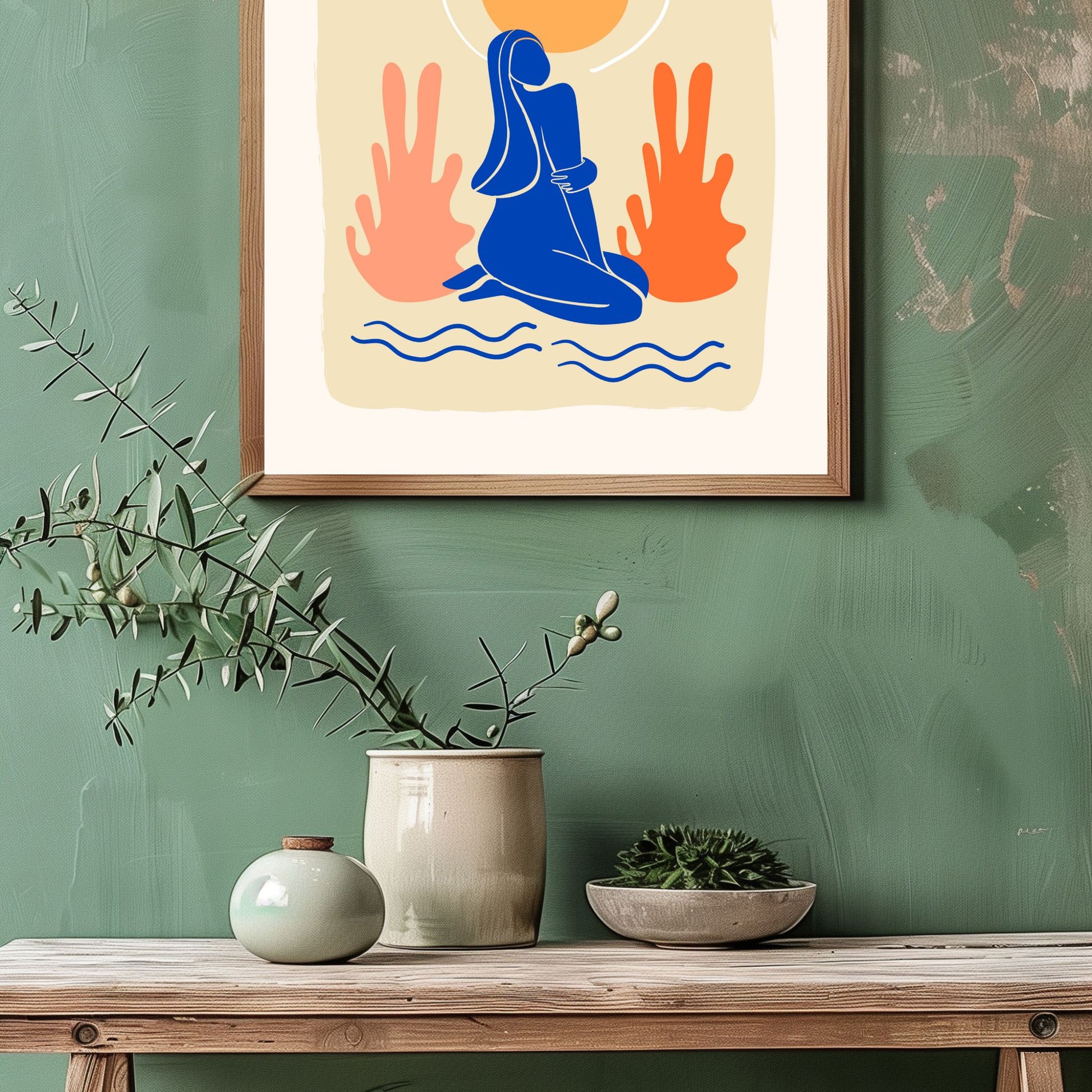Dette unike designet, inspirert av Henri Matisse's ikoniske stil, kombinerer abstrakte former og dristige farger i en harmonisk komposisjon. Illustrasjonsfoto viser plakaten i lys ramme.