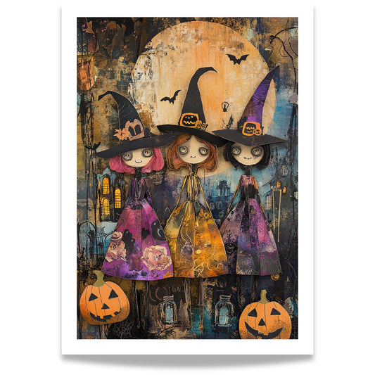 Tre små hekser står side om side under fullmånen, omgitt av gresskar og flaggermus. Et lekent og fargerikt motiv som fanger den magiske stemningen av Halloween-natten – tilgjengelig både som plakat og på lerret.