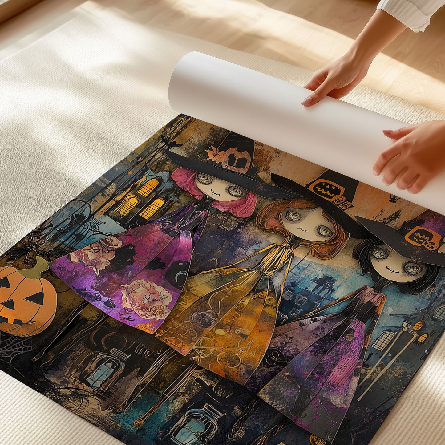 Tre små hekser står side om side under fullmånen, omgitt av gresskar og flaggermus. Et lekent og fargerikt motiv som fanger den magiske stemningen av Halloween-natten. Illustrasjon viser plakat uten hvit kantlinje på print.