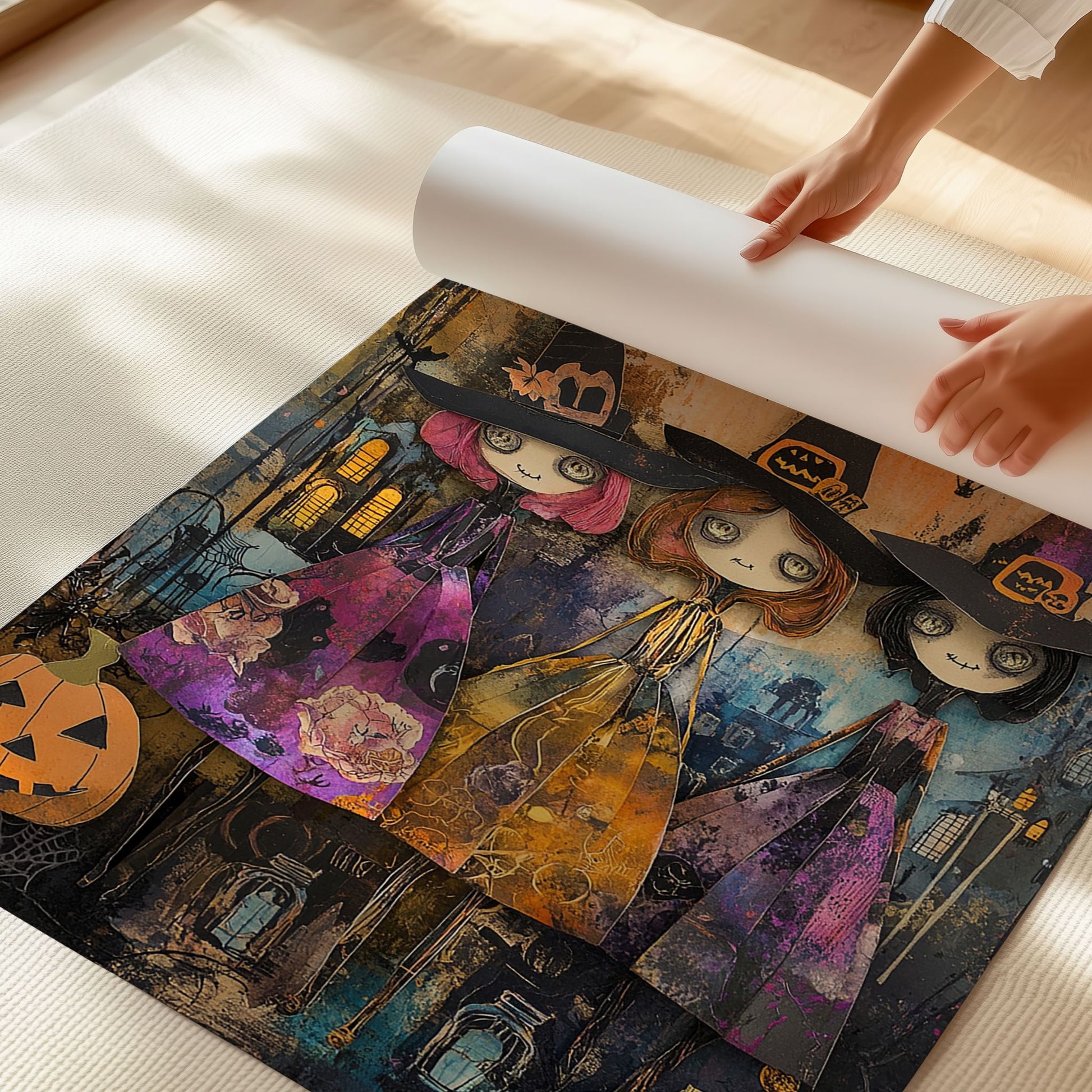 Tre små hekser står side om side under fullmånen, omgitt av gresskar og flaggermus. Et lekent og fargerikt motiv som fanger den magiske stemningen av Halloween-natten. Illustrasjon viser plakat uten hvit kantlinje på print.