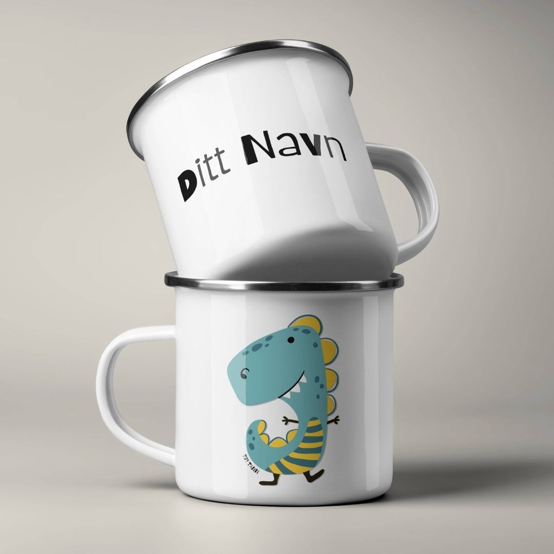 Emaljekrus stablet, med personlig navn på ene siden og dinosaurmotiv på andre siden 
