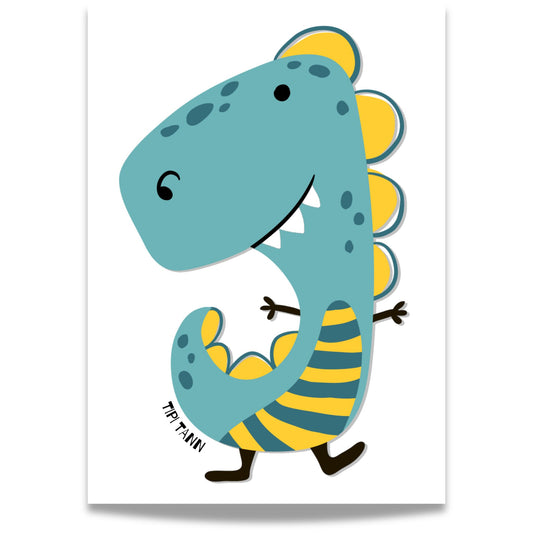 Sjarmerende blå dinosaur med stripete hale.
