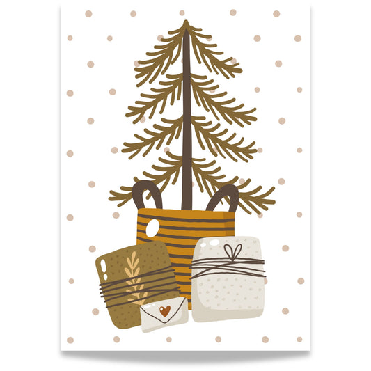 Et varmt og koselig motiv med et stilisert juletre og gaver i duse bruntoner. 