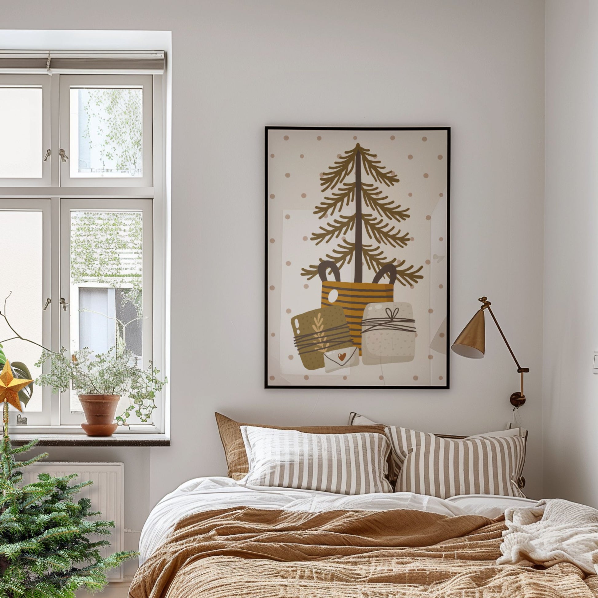 Et varmt og koselig motiv med et stilisert juletre og gaver i duse bruntoner. Illustrasjon viser plakat i sort ramme.